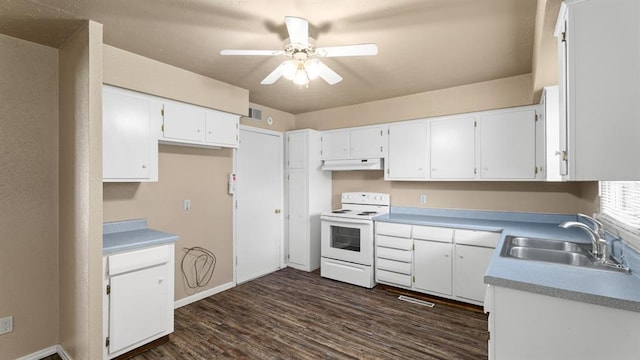 4313 SE 13th St, Oklahoma City, OK 73115 - kitchen featuring white electric range, a sink, under cabinet range hood, ceiling fan, and baseboards