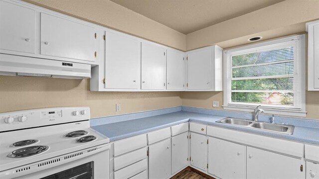 4313 SE 13th St, Oklahoma City, OK 73115 - kitchen featuring electric range, under cabinet range hood, a sink, white cabinetry, and light countertops
