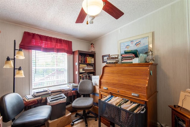 13351 El Zorro, Edmond, OK 73034 - office area with a textured ceiling, ornamental molding, and a ceiling fan
