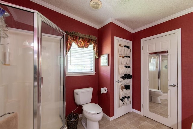 13351 El Zorro, Edmond, OK 73034 - full bath with a shower stall, a textured ceiling, ornamental molding, and tile patterned floors