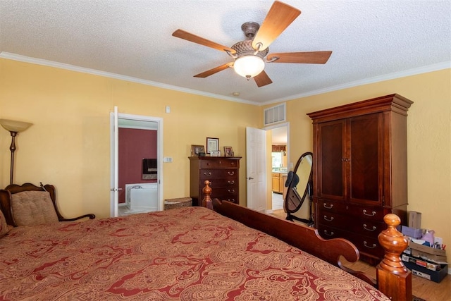 13351 El Zorro, Edmond, OK 73034 - bedroom featuring ornamental molding, a textured ceiling, and ceiling fan