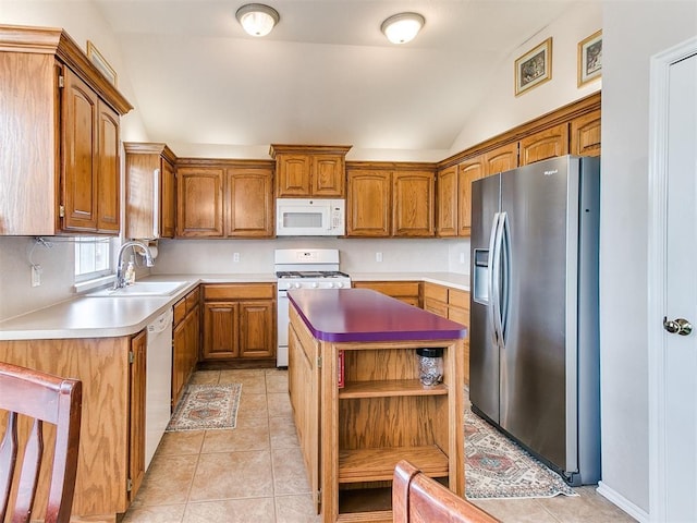 1512 Selborne Pl, Yukon, OK 73099 - kitchen featuring white appliances, a sink, open shelves, a kitchen island, and brown cabinets