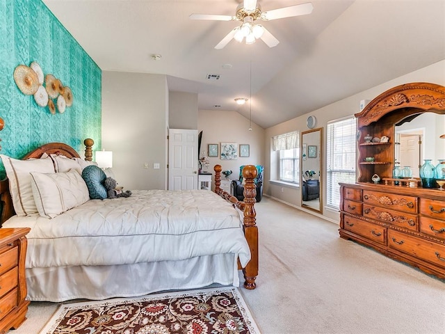 1512 Selborne Pl, Yukon, OK 73099 - bedroom featuring carpet floors, vaulted ceiling, a ceiling fan, and baseboards