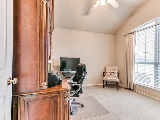 1512 Selborne Pl, Yukon, OK 73099 - office area with vaulted ceiling, light colored carpet, a ceiling fan, and baseboards