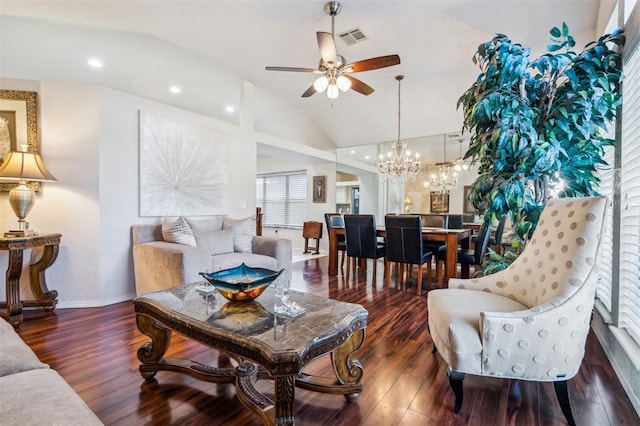1721 Park View Pl, Edmond, OK 73003 - living area featuring wood finished floors, ceiling fan, lofted ceiling, a chandelier, and baseboards