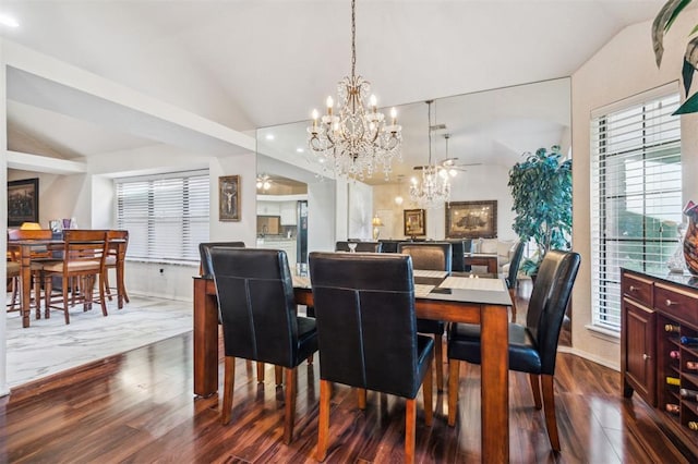 1721 Park View Pl, Edmond, OK 73003 - dining space featuring vaulted ceiling, a chandelier, dark wood-style flooring, recessed lighting, and baseboards