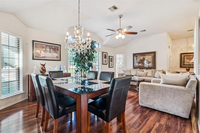 1721 Park View Pl, Edmond, OK 73003 - dining room with vaulted ceiling, dark wood-style flooring, plenty of natural light, and a ceiling fan