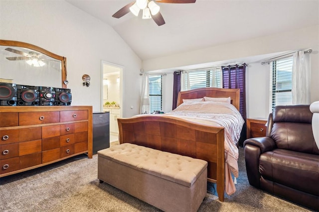 1721 Park View Pl, Edmond, OK 73003 - carpeted bedroom featuring lofted ceiling, ceiling fan, and connected bathroom