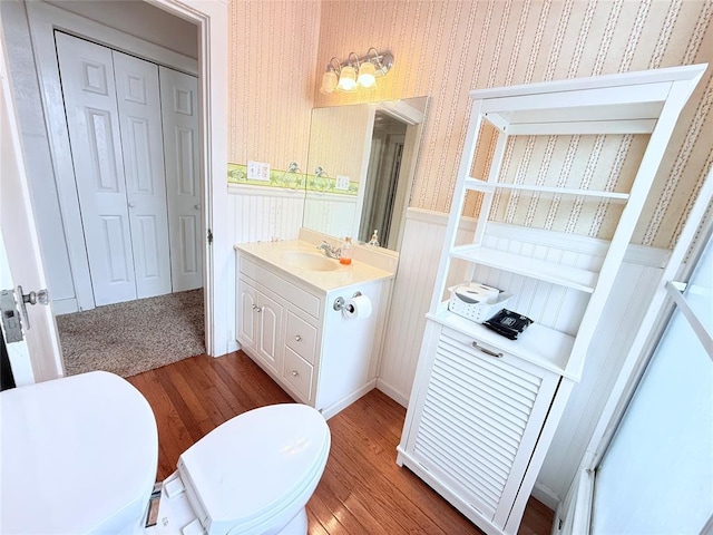 1710 W Chickasha Ave, Chickasha, OK 73018 - bathroom with wallpapered walls, wood finished floors, a wainscoted wall, vanity, and toilet
