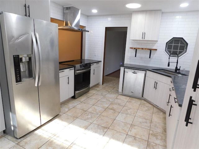 5737 NW 31st St, Oklahoma City, OK 73122 - kitchen with appliances with stainless steel finishes, wall chimney range hood, a sink, dark countertops, and backsplash