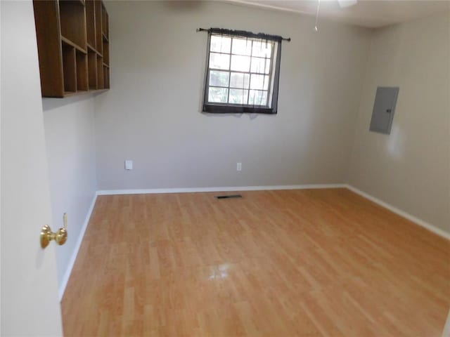 5737 NW 31st St, Oklahoma City, OK 73122 - unfurnished room with electric panel, light wood finished floors, and baseboards