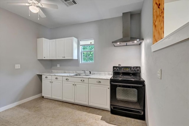 1126 SW 19th St, Oklahoma City, OK 73108 - kitchen featuring black range with electric cooktop, wall chimney range hood, a sink, a ceiling fan, and light countertops