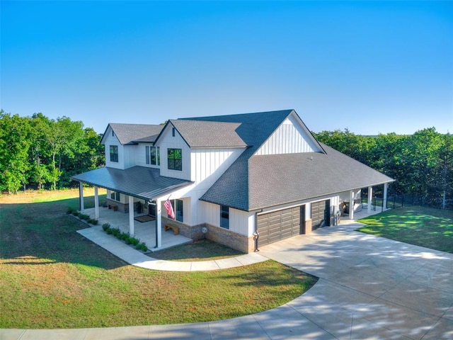 6301 144th Ave NE, Newalla, OK 74857 - modern farmhouse with a shingled roof, a porch, a garage, driveway, and board and batten siding
