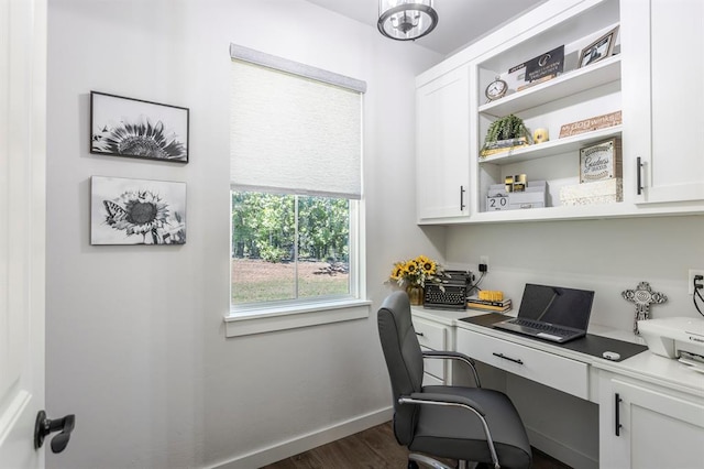 6301 144th Ave NE, Newalla, OK 74857 - office area featuring built in study area, dark wood-style flooring, and baseboards