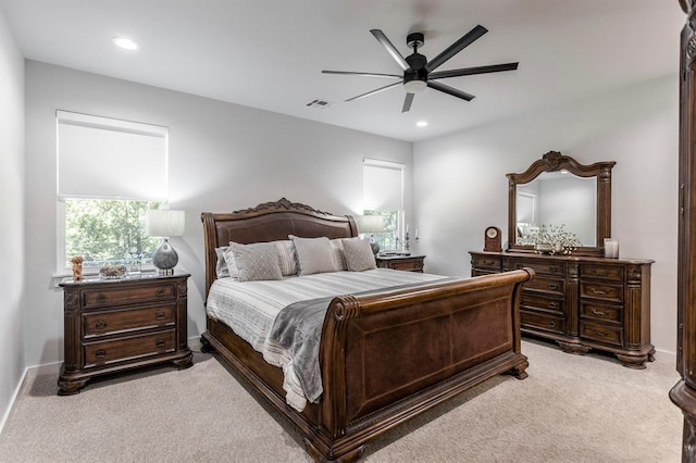 6301 144th Ave NE, Newalla, OK 74857 - bedroom featuring light carpet, recessed lighting, ceiling fan, and baseboards