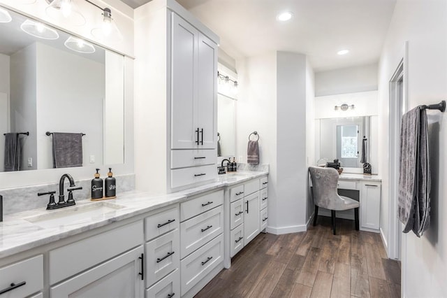 6301 144th Ave NE, Newalla, OK 74857 - bathroom featuring wood finished floors, double vanity, recessed lighting, and baseboards