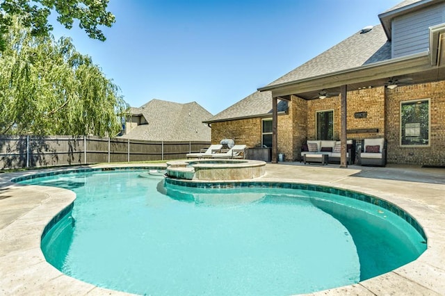 19633 Stratmore Way, Edmond, OK 73012 - view of pool with ceiling fan, a patio area, a fenced backyard, an outdoor living space, and a pool with connected hot tub
