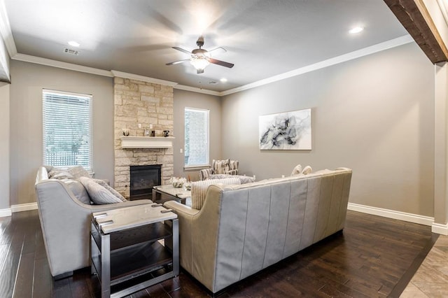 19633 Stratmore Way, Edmond, OK 73012 - living area with a ceiling fan, ornamental molding, baseboards, healthy amount of natural light, and dark wood-style floors