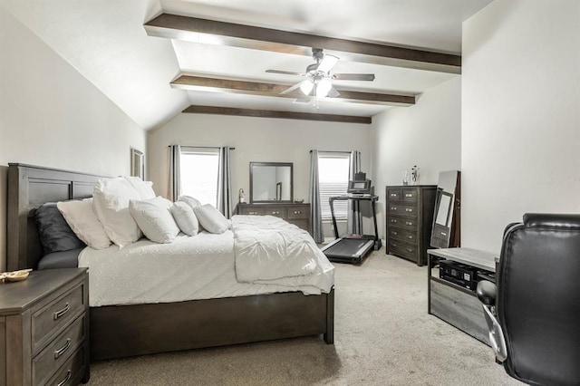 19633 Stratmore Way, Edmond, OK 73012 - bedroom featuring light colored carpet, beamed ceiling, and ceiling fan