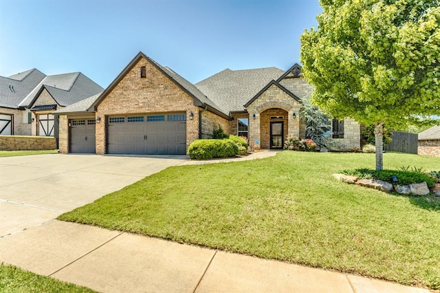 19633 Stratmore Way, Edmond, OK 73012 - french country style house featuring an attached garage, a front lawn, concrete driveway, stone siding, and brick siding