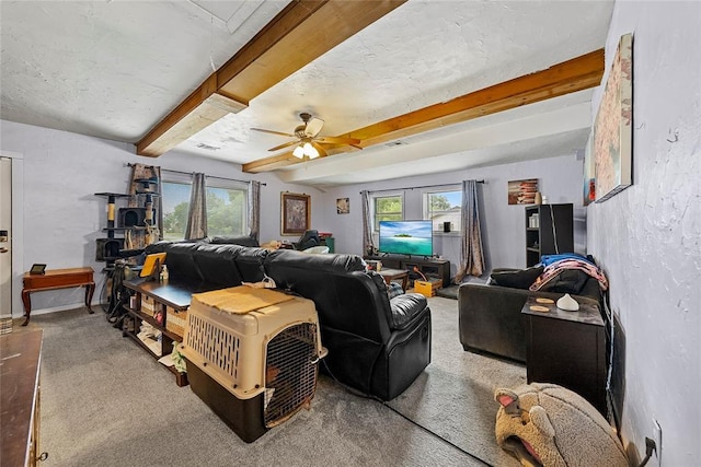 5505 S Villa Ave, Oklahoma City, OK 73119 - living area with carpet, plenty of natural light, beam ceiling, and ceiling fan