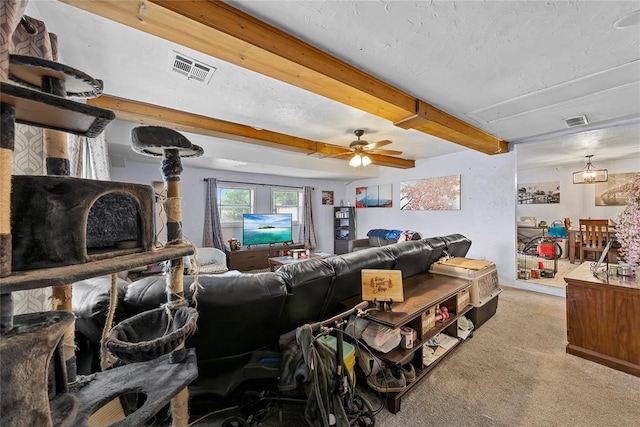 5505 S Villa Ave, Oklahoma City, OK 73119 - carpeted living area with beamed ceiling, ceiling fan, and a textured ceiling