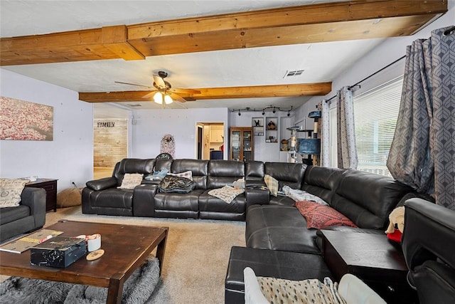 5505 S Villa Ave, Oklahoma City, OK 73119 - carpeted living room featuring beam ceiling and ceiling fan