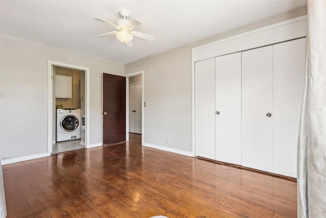 2600 NW 34th St, Oklahoma City, OK 731 - unfurnished bedroom with washer / dryer, wood finished floors, baseboards, a closet, and ceiling fan