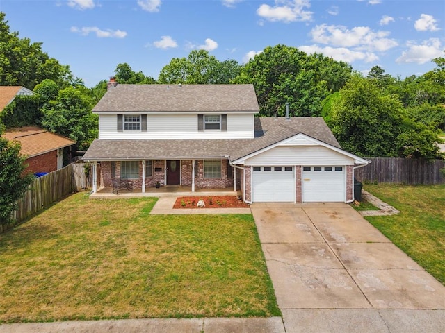 700 Nancy Lynn Ter, Norman, OK 73069 - traditional home with covered porch, brick siding, an attached garage, concrete driveway, and a chimney
