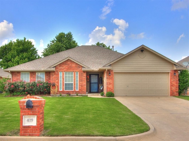 419 NE 23rd Ter, Newcastle, OK 73065 - ranch-style house featuring a garage, driveway, brick siding, and a front lawn