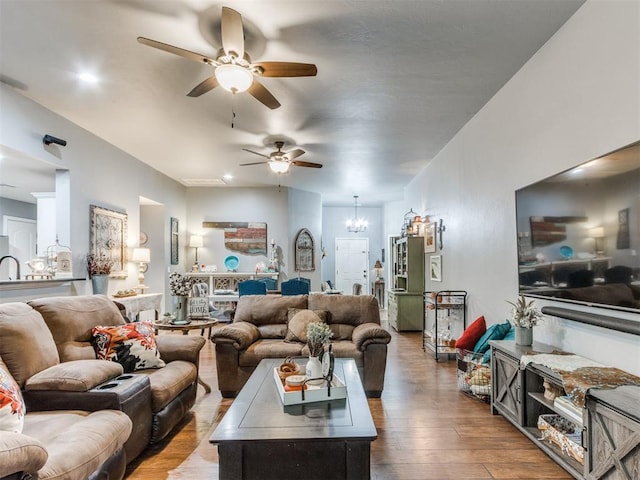 419 NE 23rd Ter, Newcastle, OK 73065 - living area with ceiling fan, hardwood / wood-style flooring, and a chandelier