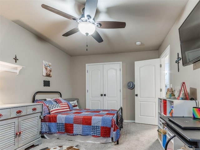 419 NE 23rd Ter, Newcastle, OK 73065 - bedroom featuring light carpet, a closet, and ceiling fan