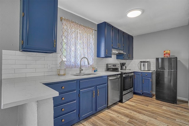 1904 Gemini St, Altus, OK 73521 - kitchen featuring appliances with stainless steel finishes, blue cabinetry, a sink, under cabinet range hood, and backsplash