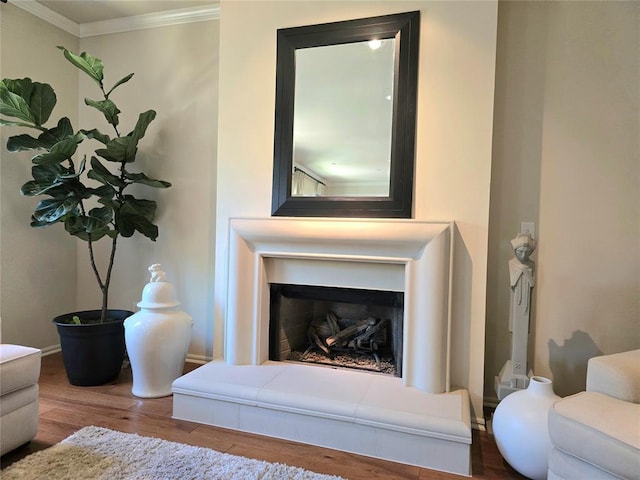 5608 NW 127th St, Oklahoma City, OK 73142 - living area featuring wood finished floors, ornamental molding, a fireplace with raised hearth, and baseboards