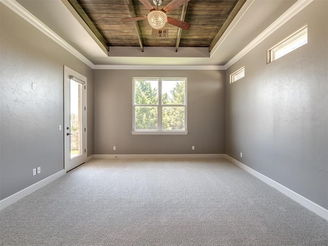 832 Gateway Bridge Rd, Edmond, OK 73034 - empty room featuring wooden ceiling with exposed beams, a ceiling fan, carpet, and baseboards