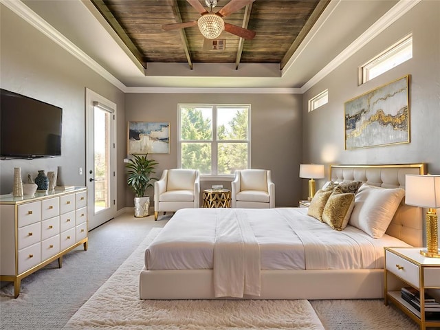 832 Gateway Bridge Rd, Edmond, OK 73034 - carpeted bedroom with a wooden ceiling with exposed beams, access to exterior, and a ceiling fan
