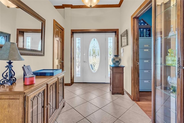 28256 N County Road 3210th Rd, Wynnewood, OK 73098 - foyer entrance featuring crown molding, light tile patterned floors, and baseboards