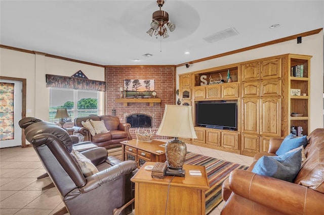 28256 N County Road 3210th Rd, Wynnewood, OK 73098 - living area featuring ceiling fan, ornamental molding, a brick fireplace, light tile patterned floors, and recessed lighting