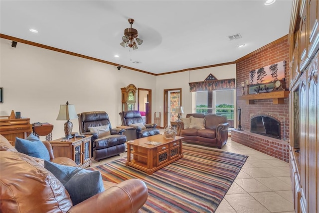 28256 N County Road 3210th Rd, Wynnewood, OK 73098 - living room featuring ornamental molding, ceiling fan, a fireplace, light tile patterned floors, and recessed lighting