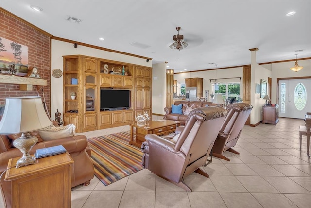 28256 N County Road 3210th Rd, Wynnewood, OK 73098 - living area with ornamental molding, light tile patterned flooring, ceiling fan, recessed lighting, and baseboards