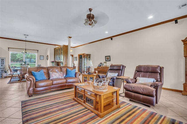 28256 N County Road 3210th Rd, Wynnewood, OK 73098 - living room with ceiling fan, crown molding, recessed lighting, a chandelier, and light tile patterned floors