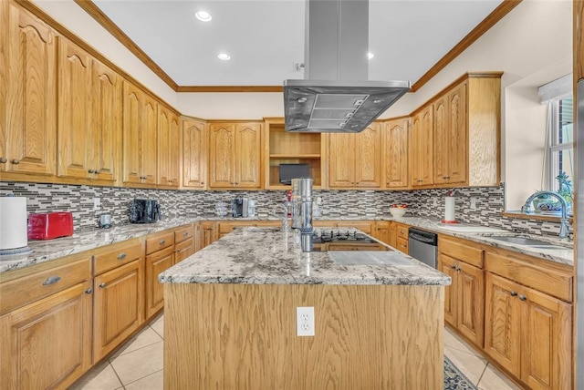 28256 N County Road 3210th Rd, Wynnewood, OK 73098 - kitchen featuring island range hood, light tile patterned flooring, ornamental molding, light stone counters, and a center island