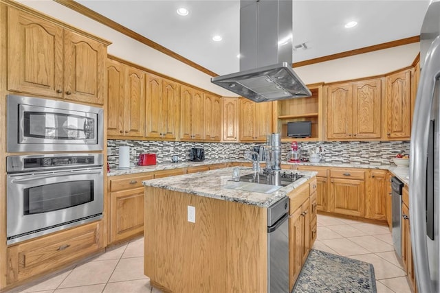 28256 N County Road 3210th Rd, Wynnewood, OK 73098 - kitchen with stainless steel appliances, island range hood, crown molding, light tile patterned floors, and an island with sink