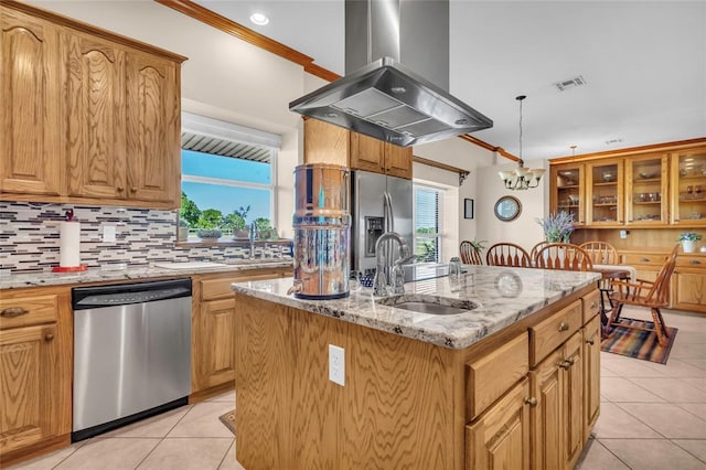 28256 N County Road 3210th Rd, Wynnewood, OK 73098 - kitchen with stainless steel dishwasher, island exhaust hood, a sink, light tile patterned floors, and tasteful backsplash
