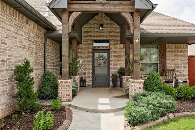 12004 SW 49th St, Mustang, OK 73064 - doorway to property featuring roof with shingles, brick siding, and a porch
