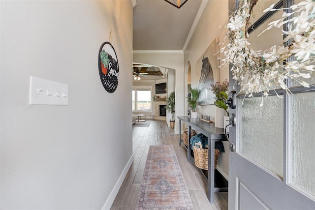 12004 SW 49th St, Mustang, OK 73064 - corridor featuring crown molding, light wood finished floors, and baseboards