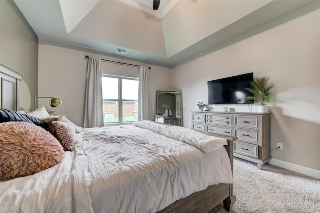 12004 SW 49th St, Mustang, OK 73064 - bedroom with light colored carpet, crown molding, baseboards, and a ceiling fan