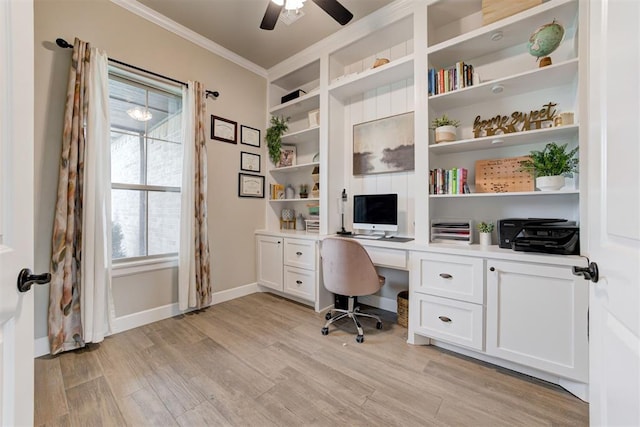 12004 SW 49th St, Mustang, OK 73064 - office space featuring crown molding, light wood finished floors, a ceiling fan, and baseboards