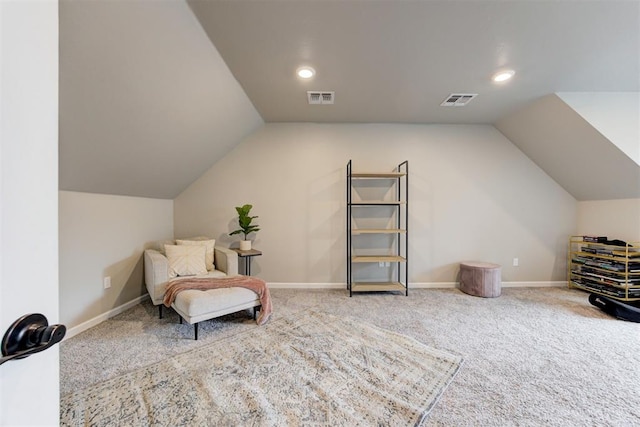 12004 SW 49th St, Mustang, OK 73064 - living area with carpet flooring, vaulted ceiling, recessed lighting, and baseboards