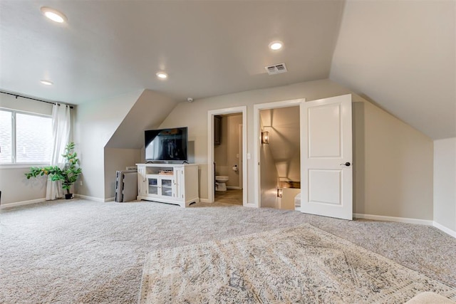 12004 SW 49th St, Mustang, OK 73064 - bonus room featuring carpet floors, vaulted ceiling, baseboards, and recessed lighting